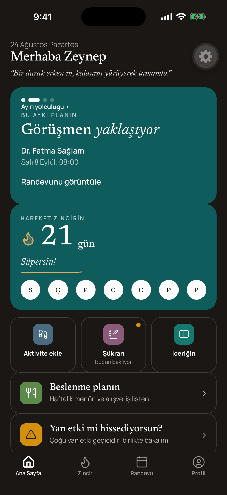 Reprive uygulamasının ana sayfası: yaklaşan hekim randevusu, şükran günlüğü, hareket zinciri ve beslenme planı kısayolları.