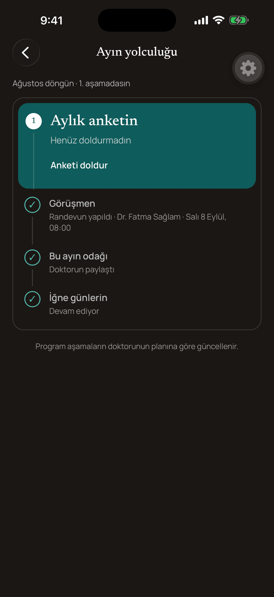 Uygulamadaki ayın yolculuğu ekranı: aylık anket, planlanan hekim randevusu ve doktorun paylaştığı ay odağı adım adım listelenir.